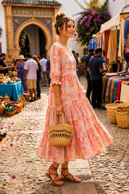 Pink Multicolour Geometric Printed Tiered Midi Dress