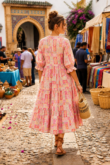 Pink Multicolour Geometric Printed Tiered Midi Dress
