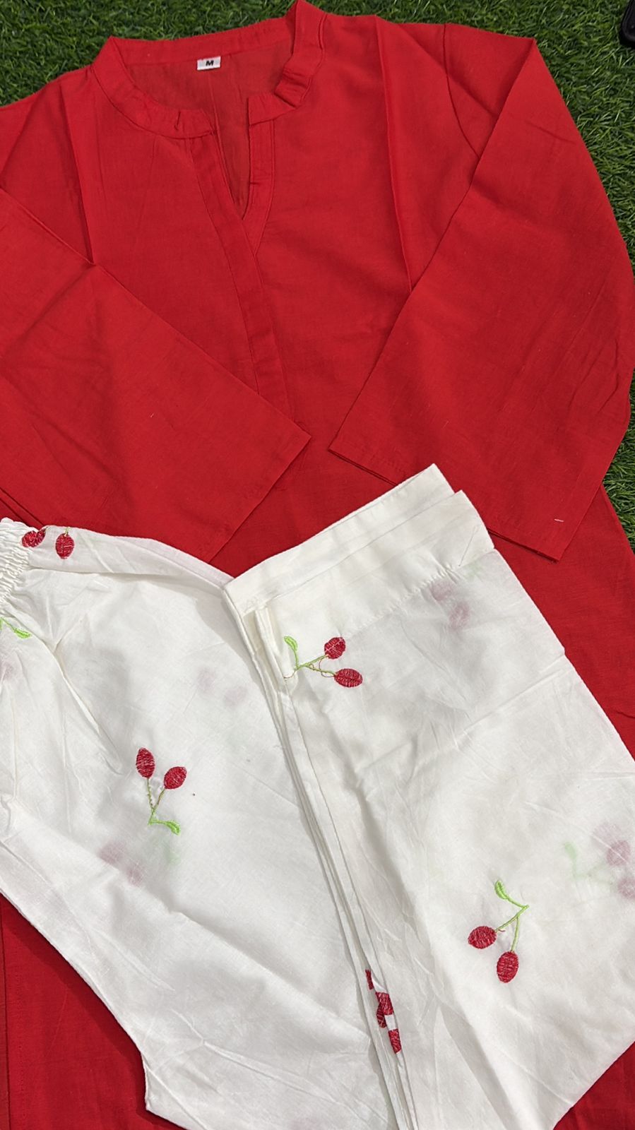Red Solid Kurta with White Cherry Print Pants
