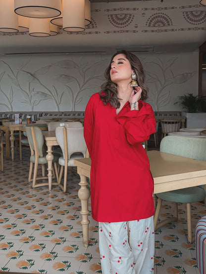Red Solid Kurta with White Cherry Print Pants