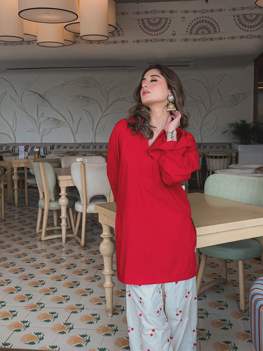 Red Solid Kurta with White Cherry Print Pants