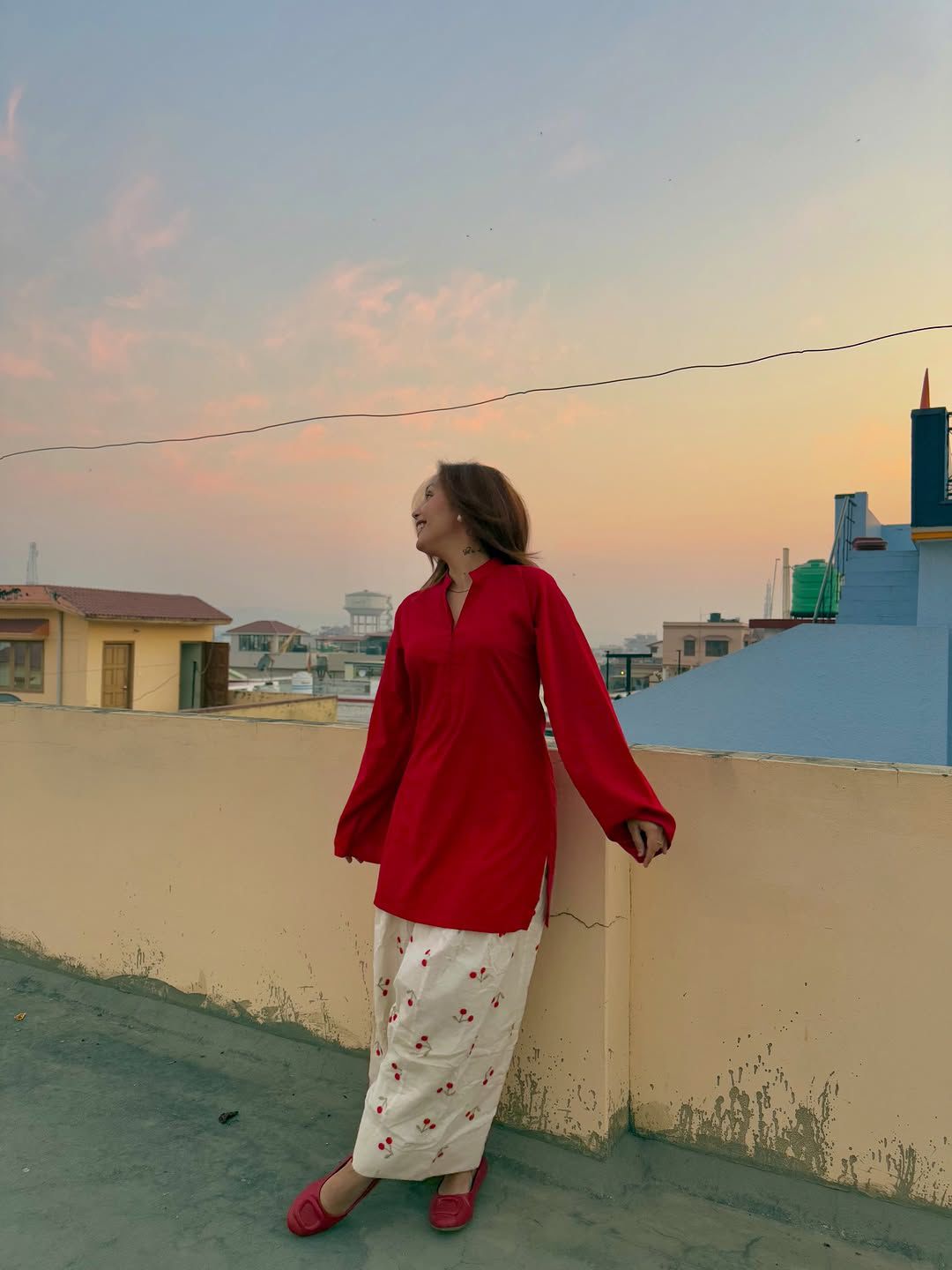 Red Solid Kurta with White Cherry Print Pants