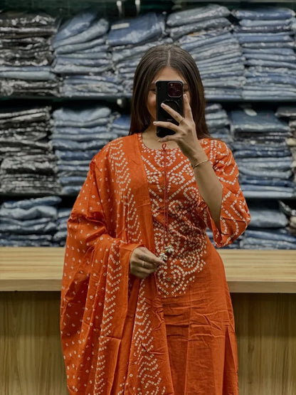 Rust Orange Cotton Bandhani Kurta Set with Dupatta for Women