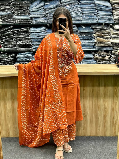 Rust Orange Cotton Bandhani Kurta Set with Dupatta for Women