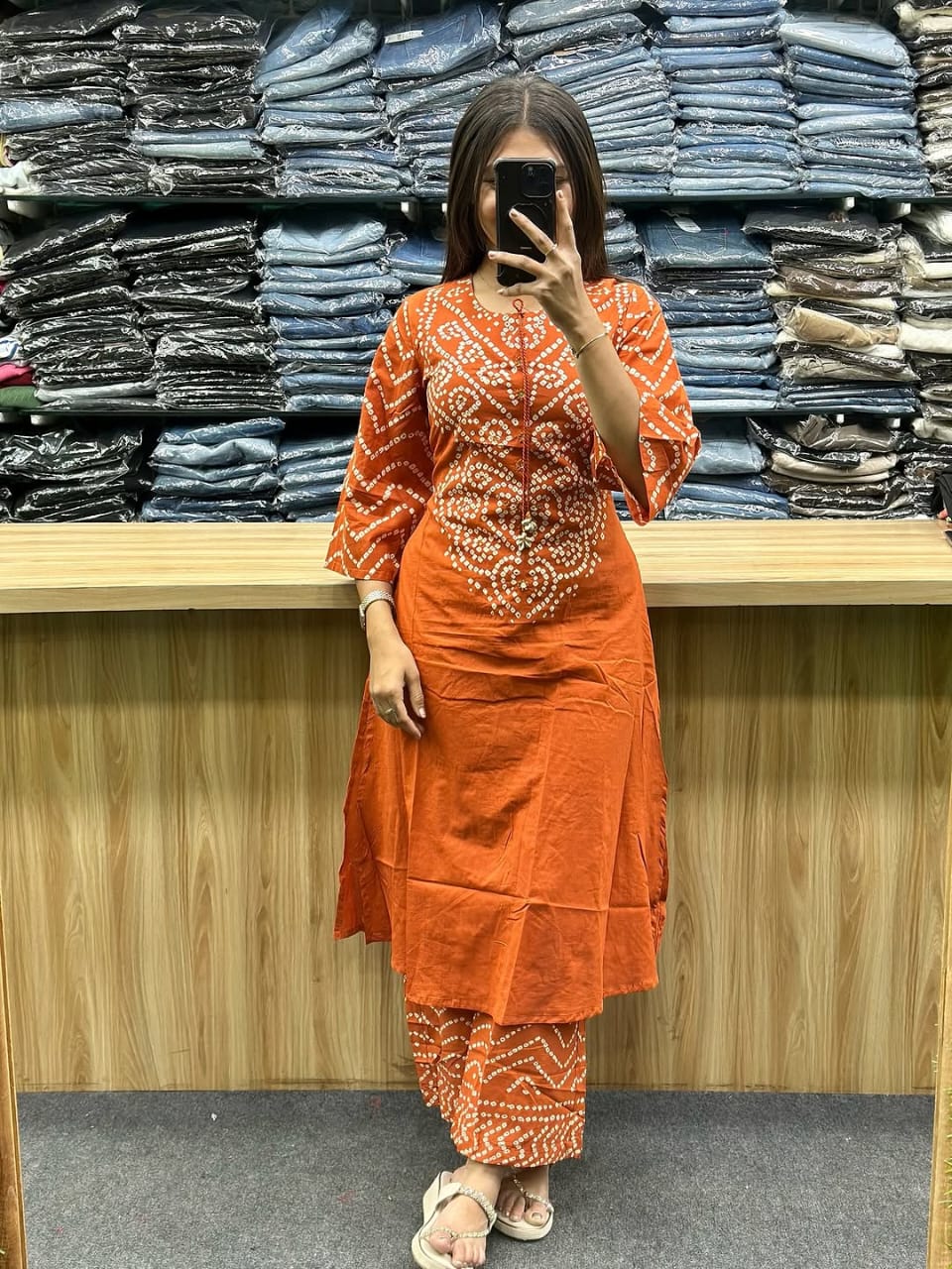 Rust Orange Cotton Bandhani Kurta Set with Dupatta for Women