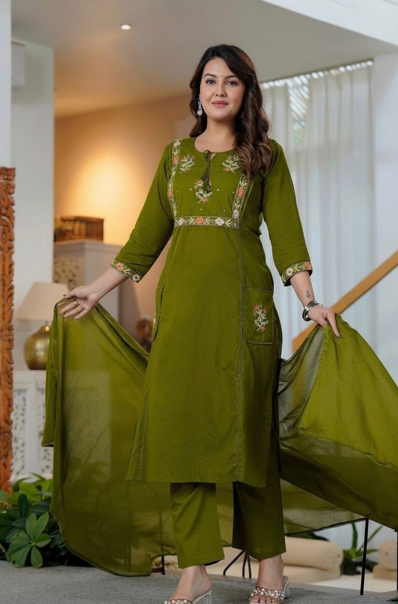 Elegant olive green cotton embroidery kurta set with dupatta