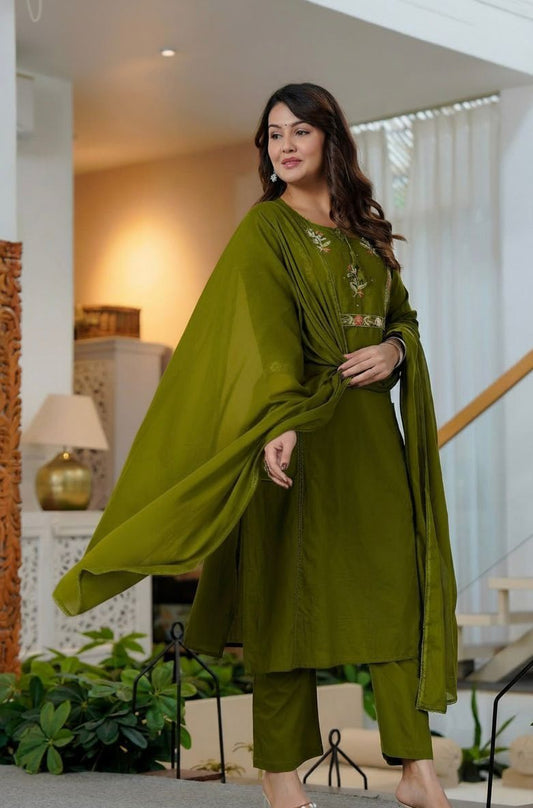 Elegant olive green cotton embroidery kurta set with dupatta