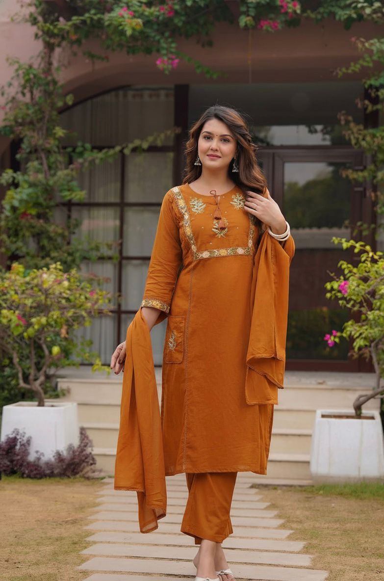 Elegant rust cotton embroidery dupatta set