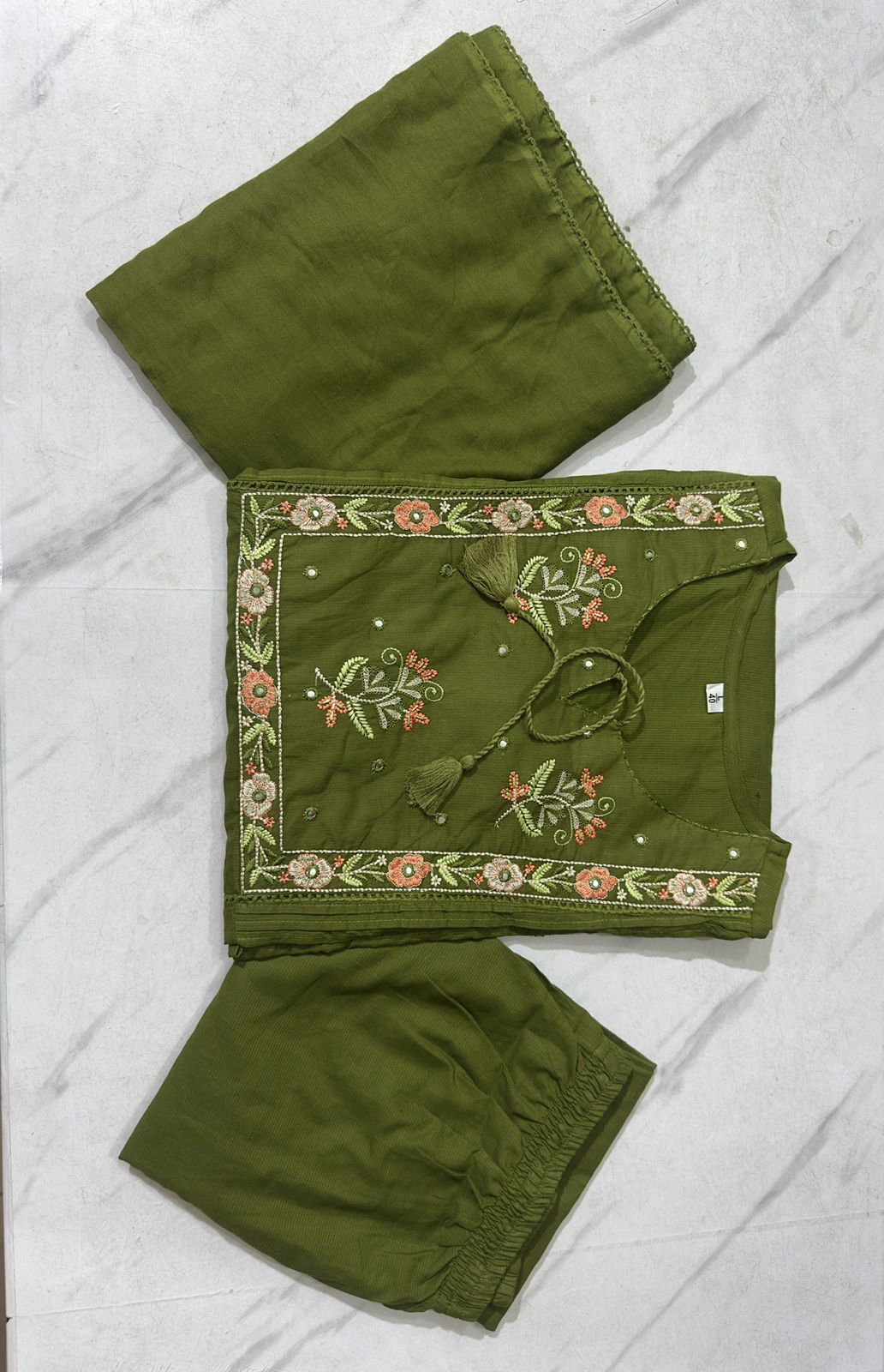 Elegant olive green cotton embroidery kurta set with dupatta