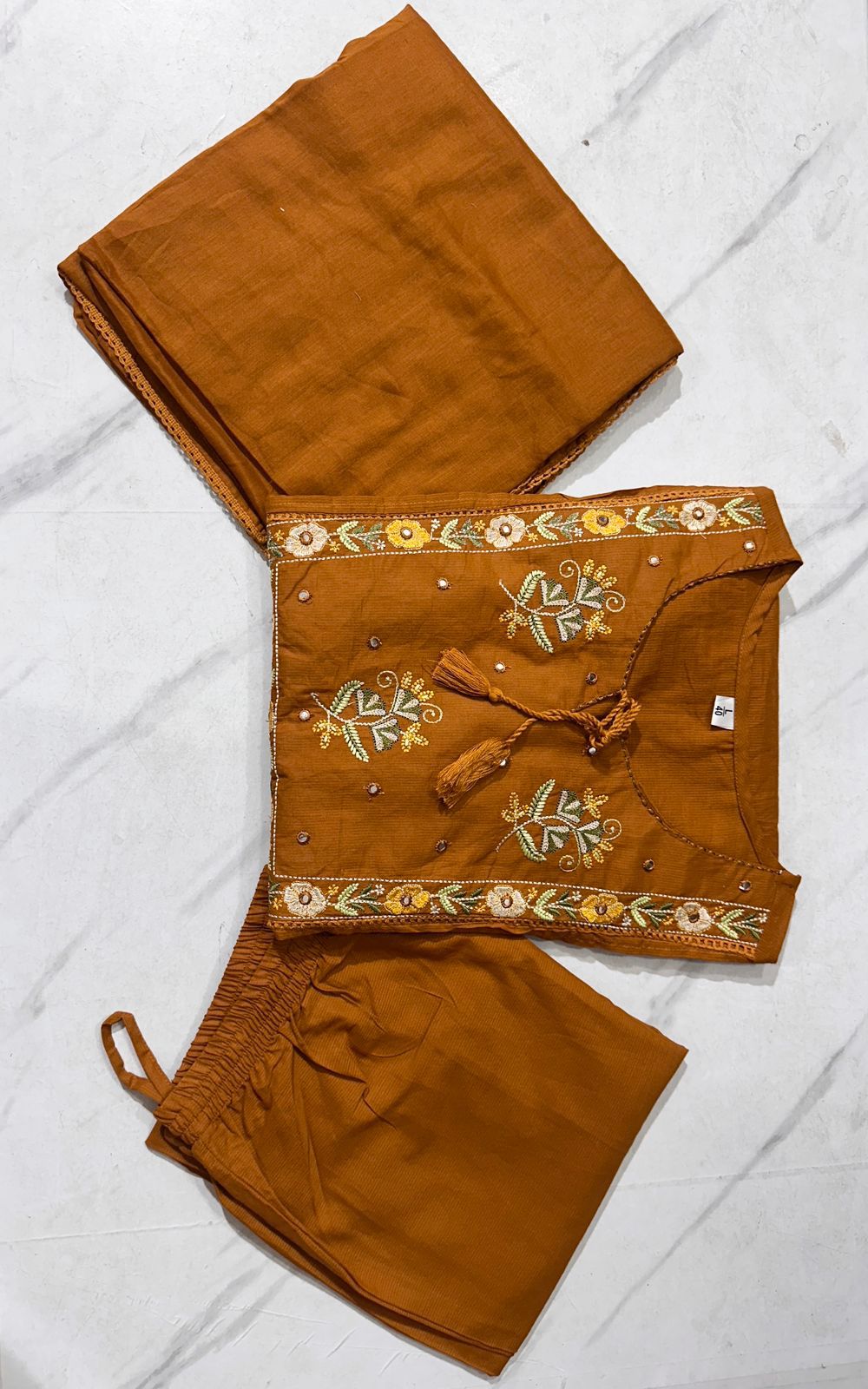 Elegant rust cotton embroidery dupatta set