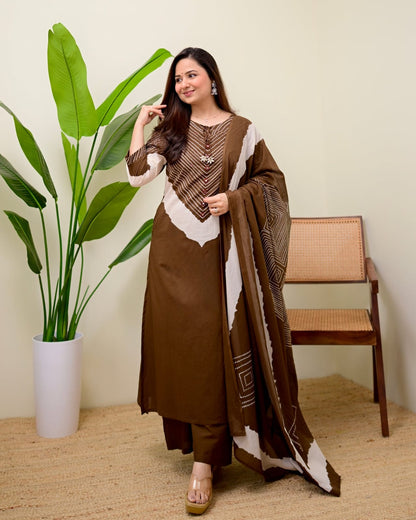Mocha Touch Bandhej Cotton Kurta Set with Dupatta