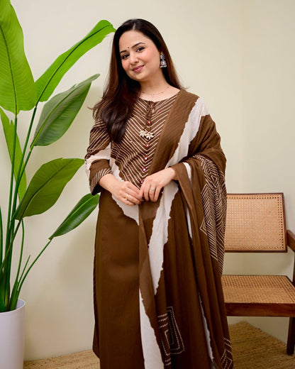 Mocha Touch Bandhej Cotton Kurta Set with Dupatta