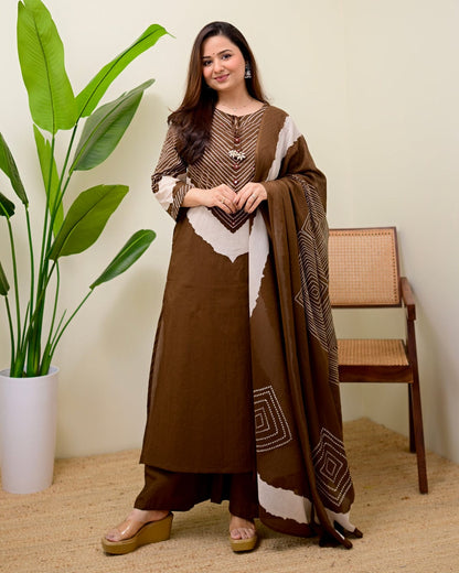 Mocha Touch Bandhej Cotton Kurta Set with Dupatta