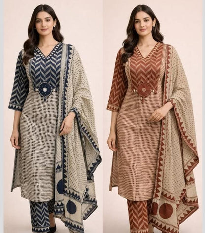 Beige Black A-Line kurta with dupatta set