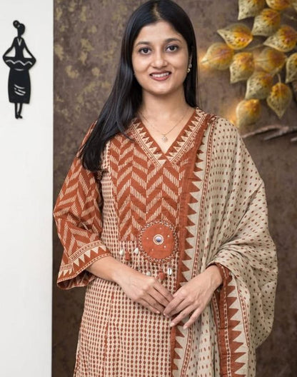 Beige Rust A-Line kurta with dupatta set
