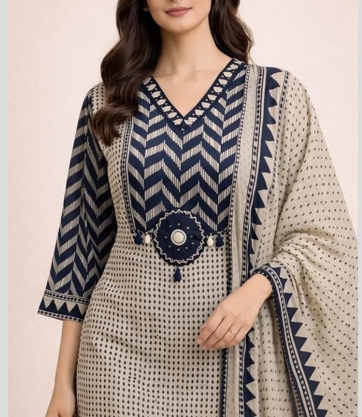 Beige Black A-Line kurta with dupatta set