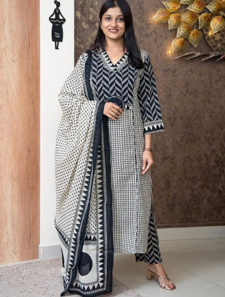 Beige Black A-Line kurta with dupatta set