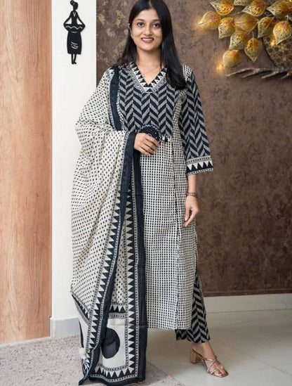 Beige Black A-Line kurta with dupatta set
