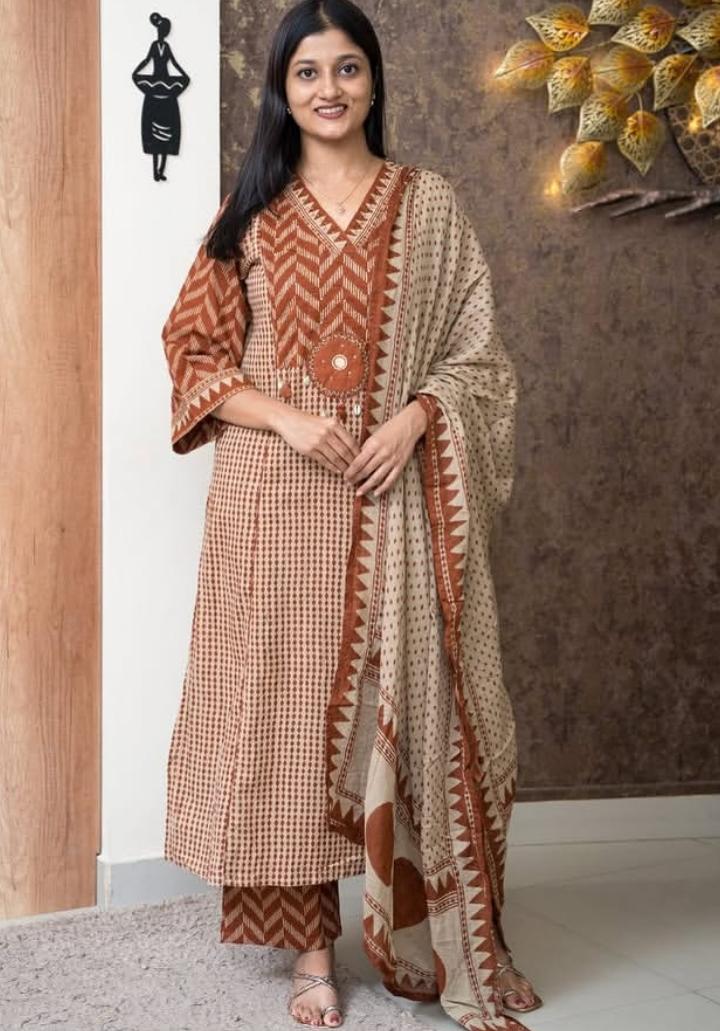 Beige Rust A-Line kurta with dupatta set