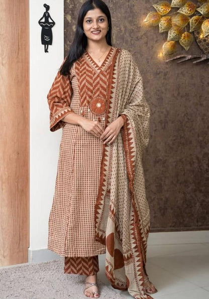 Beige Rust A-Line kurta with dupatta set