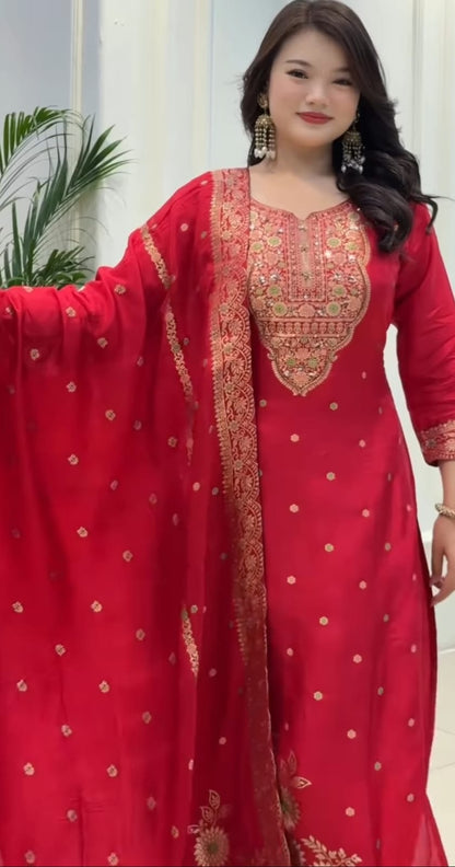 Red Banarasi Handwork Kurta Set with dupatta