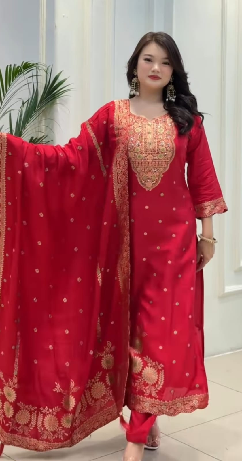 Red Banarasi Handwork Kurta Set with dupatta