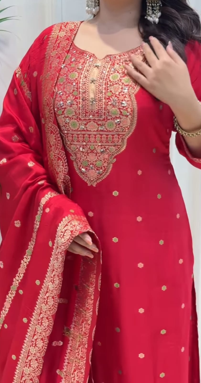 Red Banarasi Handwork Kurta Set with dupatta