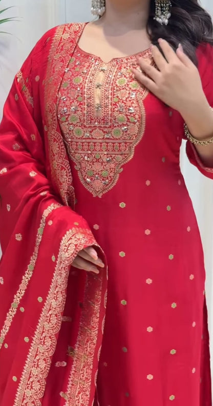 Red Banarasi Handwork Kurta Set with dupatta