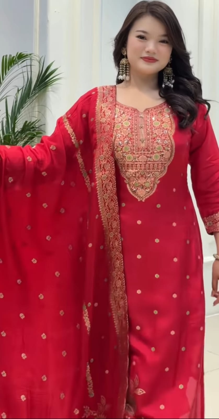 Red Banarasi Handwork Kurta Set with dupatta