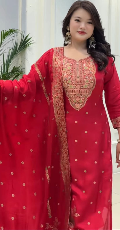 Red Banarasi Handwork Kurta Set with dupatta