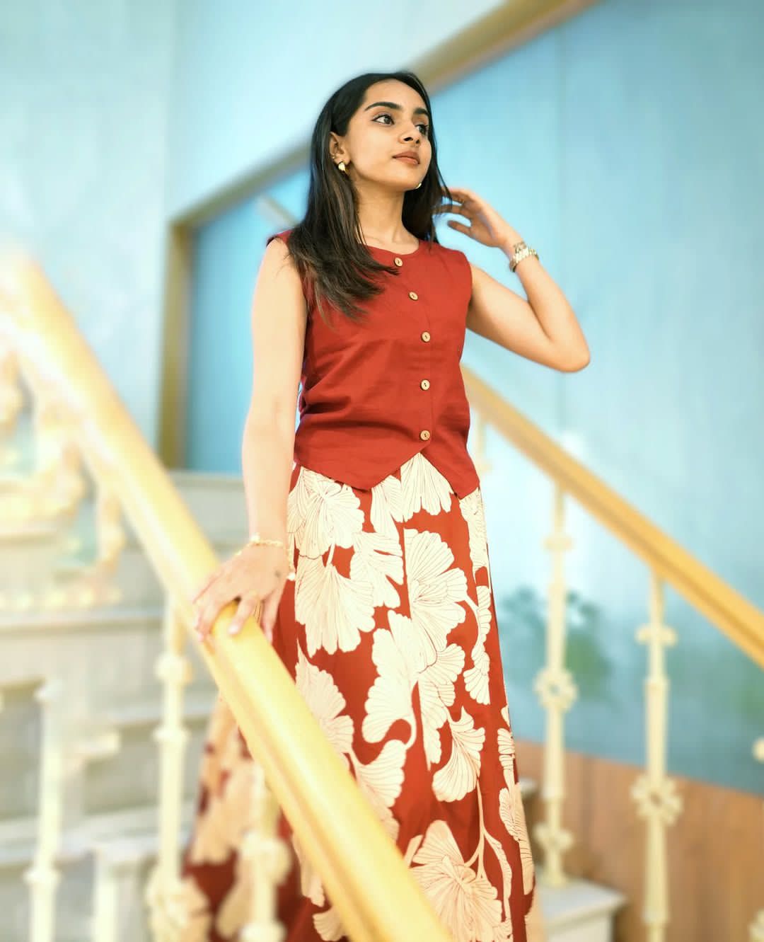 Women's Maroon Cotton Top with Floral Long Skirt