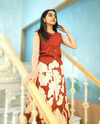Women's Maroon Cotton Top with Floral Long Skirt