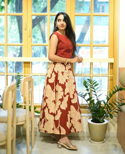 Women's Maroon Cotton Top with Floral Long Skirt