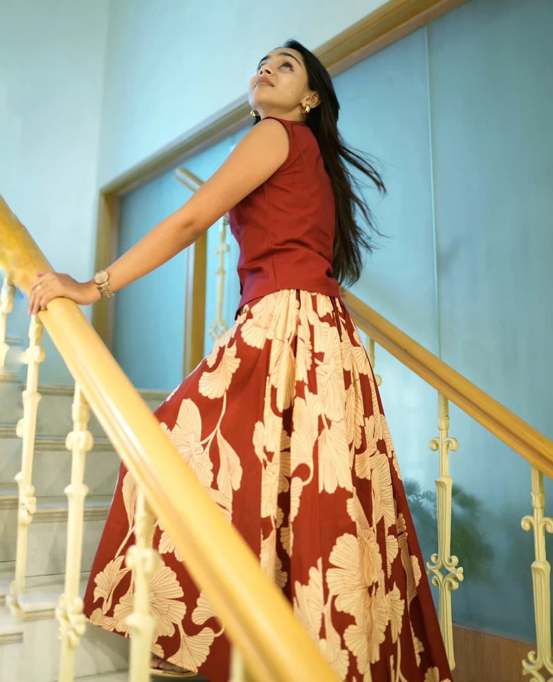 Women's Maroon Cotton Top with Floral Long Skirt