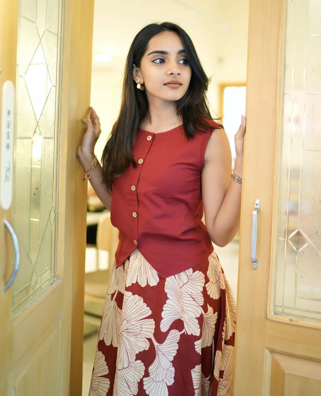 Women's Maroon Cotton Top with Floral Long Skirt