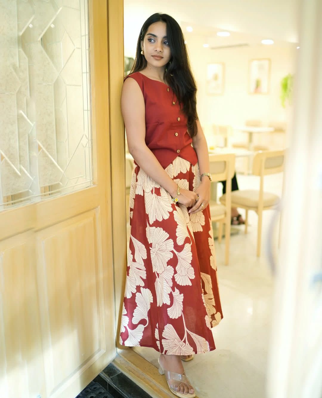 Women's Maroon Cotton Top with Floral Long Skirt