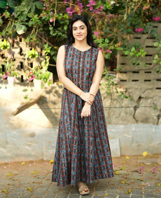 Women's Navy Blue Cotton Top with Floral Long Skirt