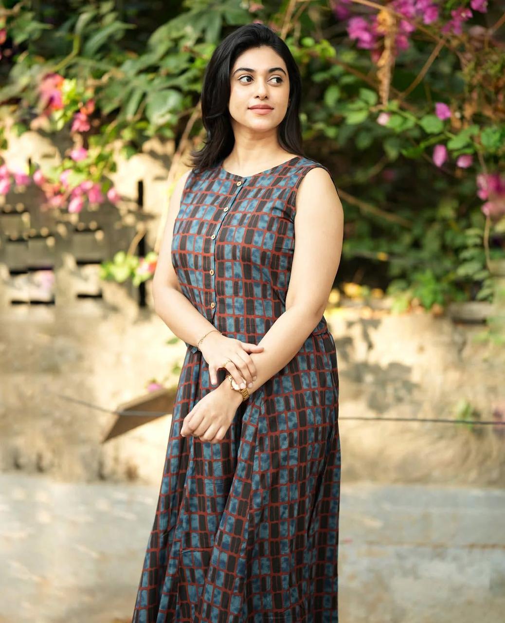 Women's Navy Blue Cotton Top with Floral Long Skirt