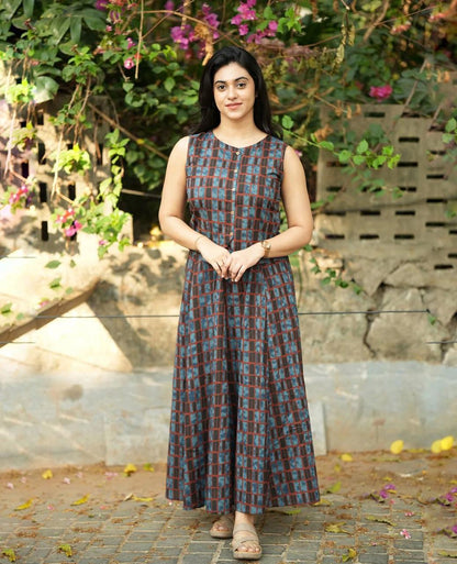 Women's Navy Blue Cotton Top with Floral Long Skirt