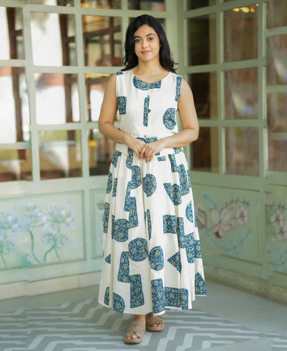Women's White Cotton Top with Floral Long Skirt