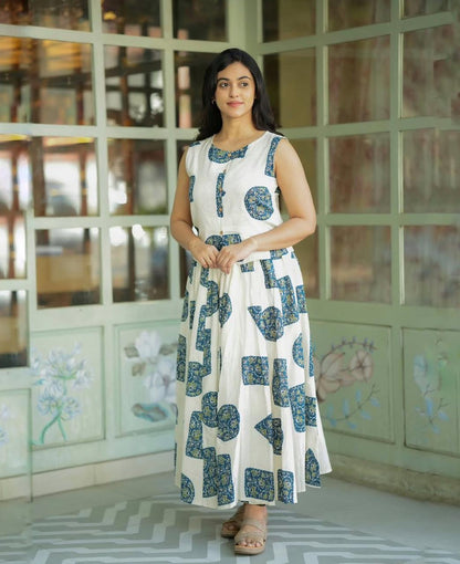 Women's White Cotton Top with Floral Long Skirt
