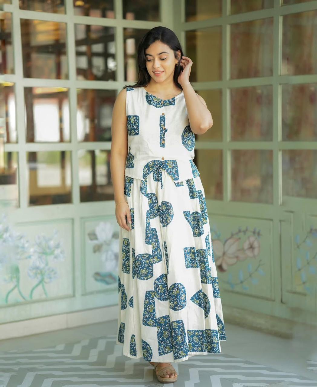 Women's White Cotton Top with Floral Long Skirt