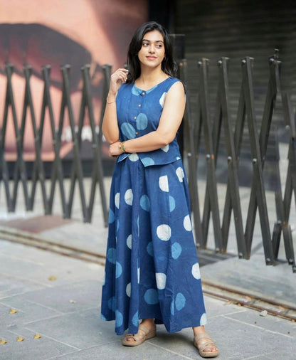 Women's Blue Cotton Top with Floral Long Skirt