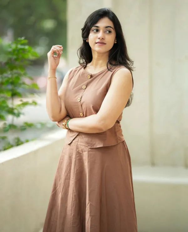 Women's Brown Cotton Corset Top with Floral Long Skirt