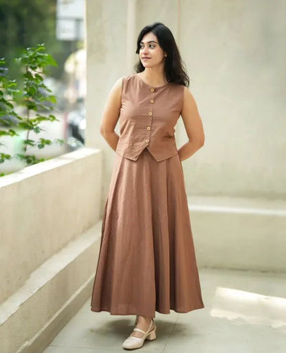 Women's Brown Cotton Corset Top with Floral Long Skirt