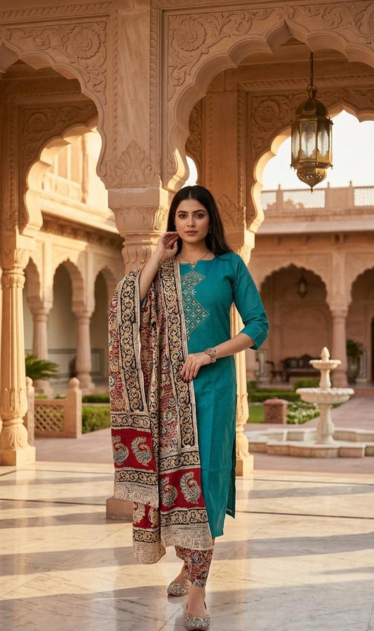 Persian Green Embroidered Cotton Suit with Dupatta