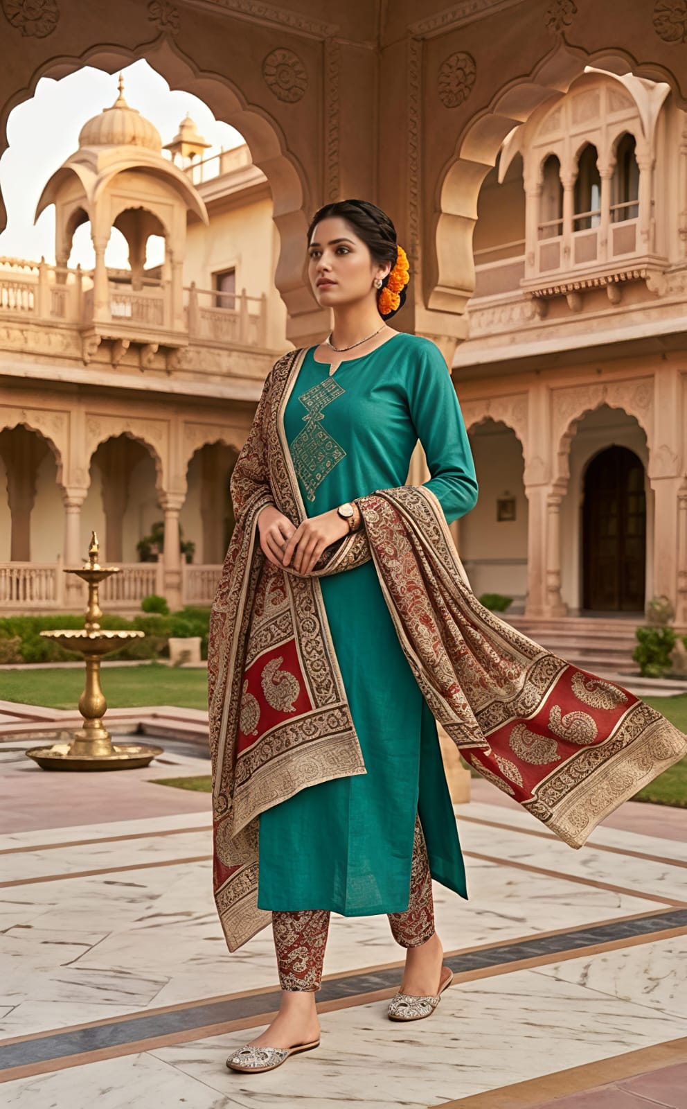 Persian Green Embroidered Cotton Suit with Dupatta