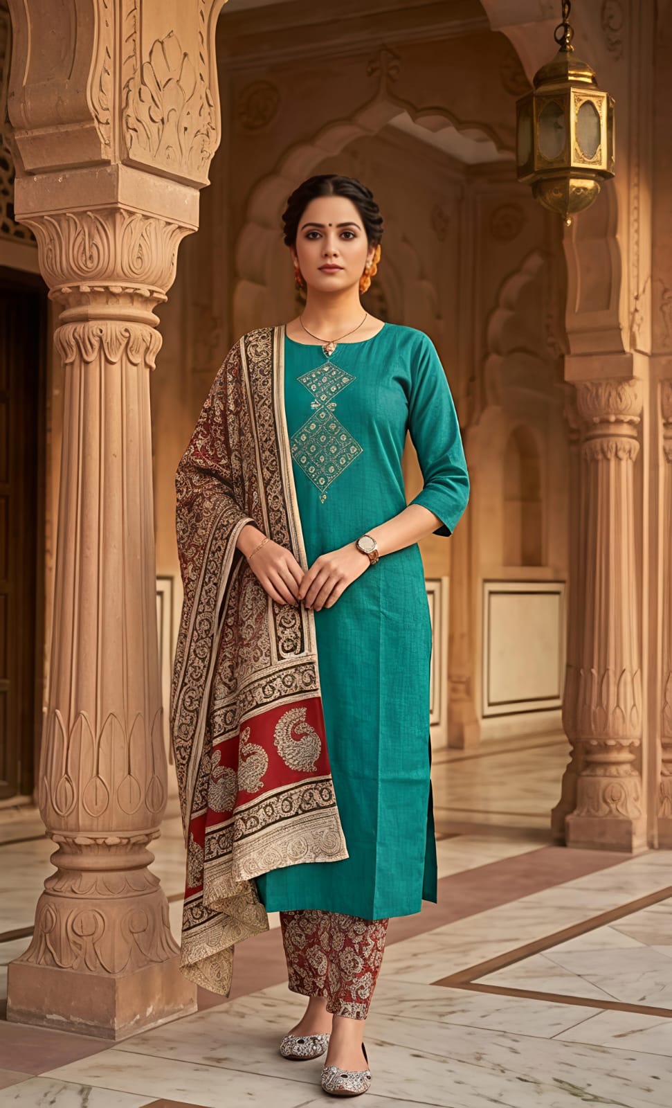 Persian Green Embroidered Cotton Suit with Dupatta