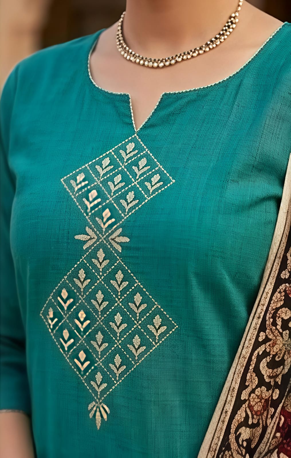 Persian Green Embroidered Cotton Suit with Dupatta