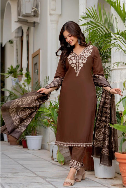 Brown Embroidered Cotton Kurta with dupatta set